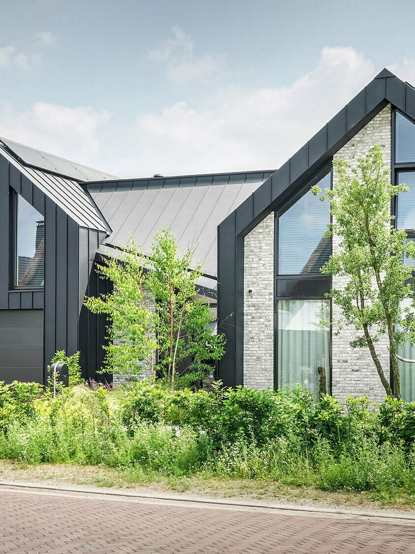 Ansicht eines modernen Einfamilienhauses mit spitzen Giebeldächern aus schwarzem Prefalz-Material, gelegen in einer ruhigen Straße. Das Haus kombiniert eine dunkle Fassade mit hellen Backsteinakzenten und großflächiger Verglasung. Junge Bäume und ein natürlich angelegter Vorgarten rahmen das Haus ein und fügen sich in die friedliche Nachbarschaft ein.