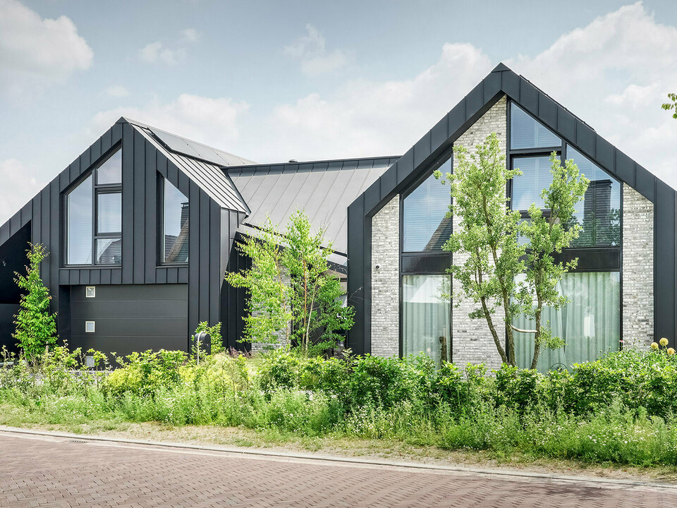 Ansicht eines modernen Einfamilienhauses mit spitzen Giebeldächern aus schwarzem Prefalz-Material, gelegen in einer ruhigen Straße. Das Haus kombiniert eine dunkle Fassade mit hellen Backsteinakzenten und großflächiger Verglasung. Junge Bäume und ein natürlich angelegter Vorgarten rahmen das Haus ein und fügen sich in die friedliche Nachbarschaft ein.