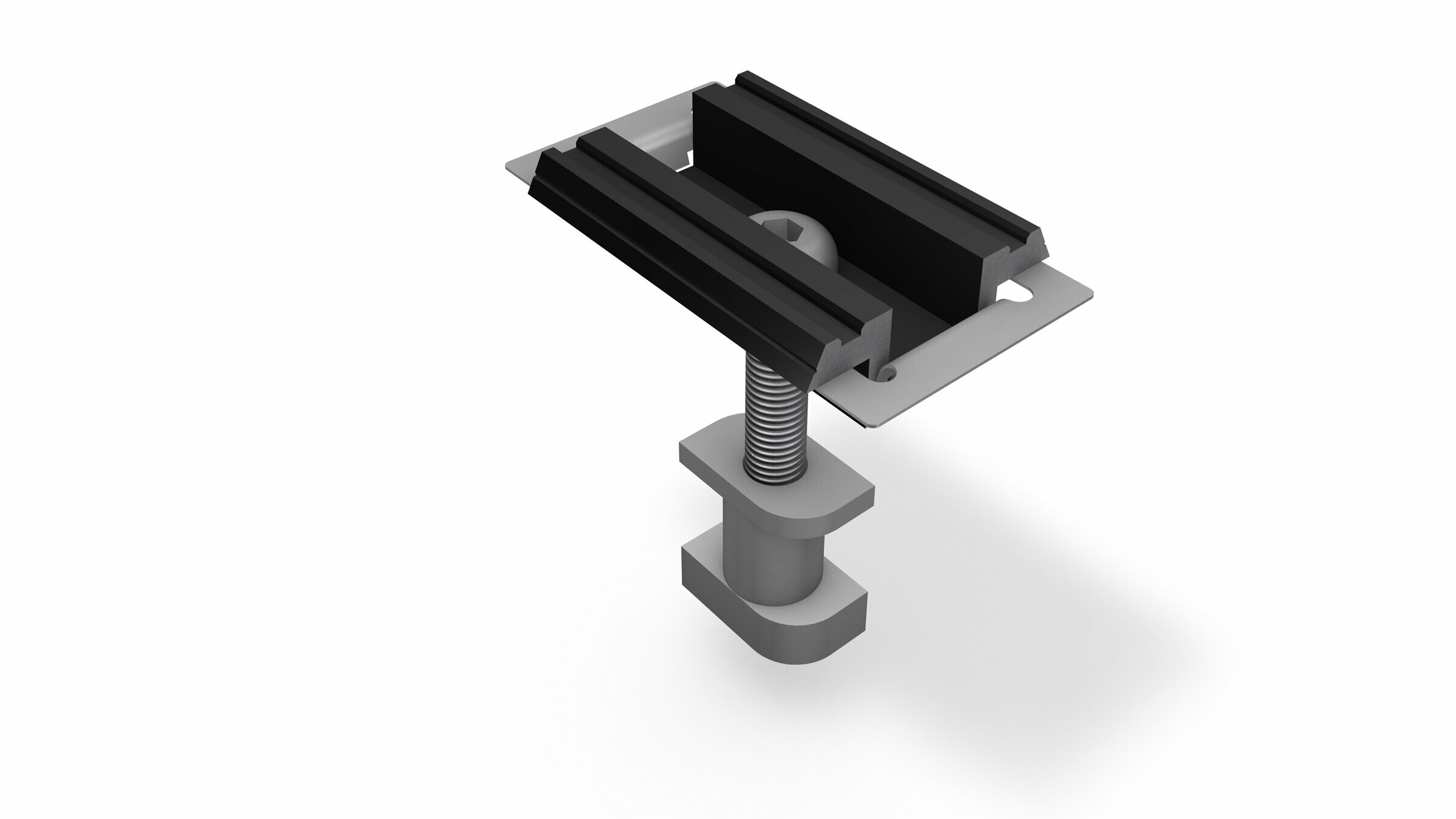 3D-Modell einer mittleren Klemme in Schwarz, eloxiert, dargestellt in einer Isometrischen Ansicht. Die Klemme besteht aus einer oberen und unteren Halterung verbunden durch eine zentrale Gewindestange mit einer Mutter und Unterlegscheibe. Die obere Halterung ist für die Befestigung von Photovoltaikanlagen vorgesehen, während die Basis die Montage auf einem PREFA Dachsystem ermöglicht.