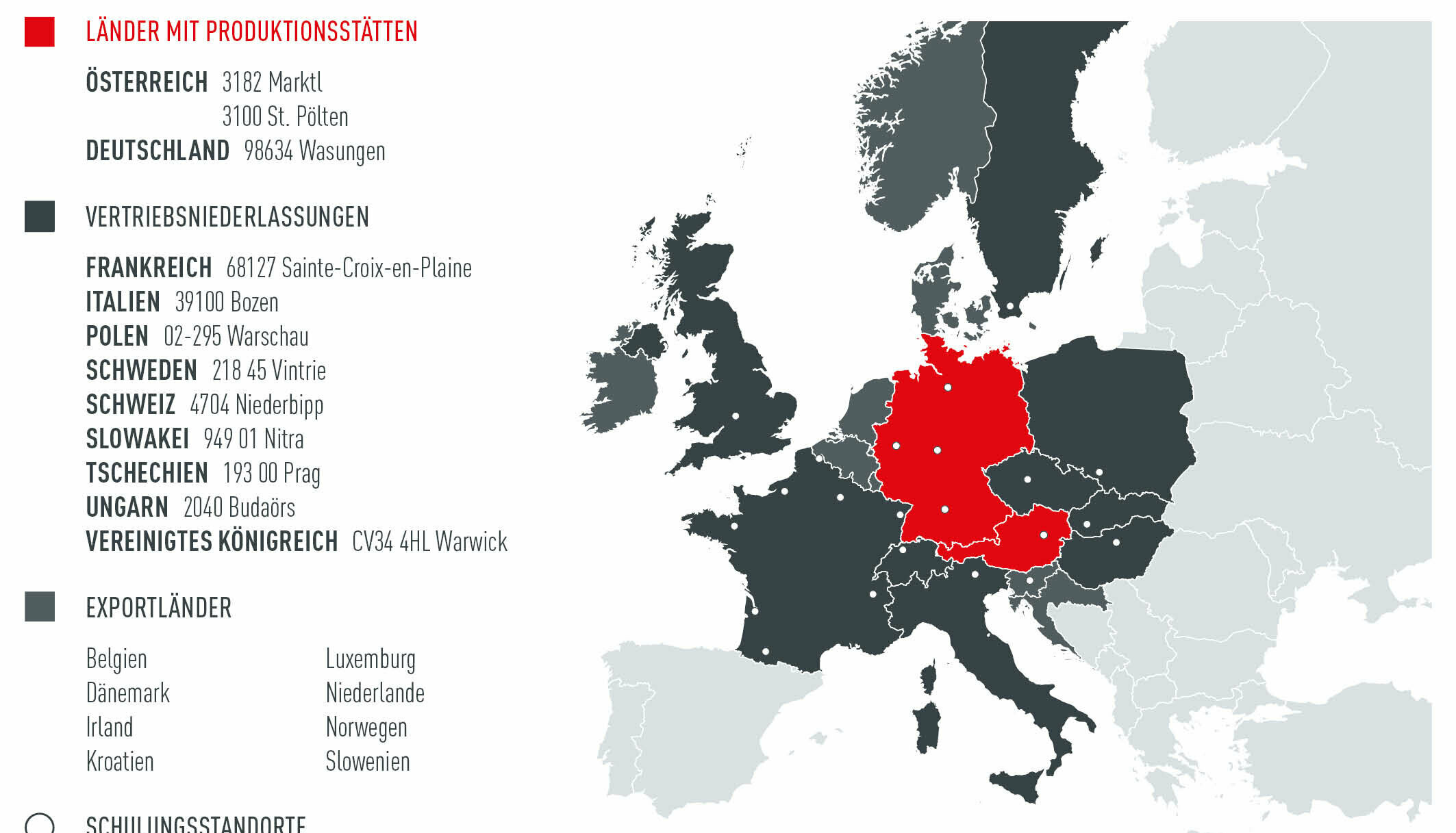 Legende: Die Europakarte zeigt die PREFA Produktionsstätten, Ländern, Vertriebsniederlassungen und Schulungszentren