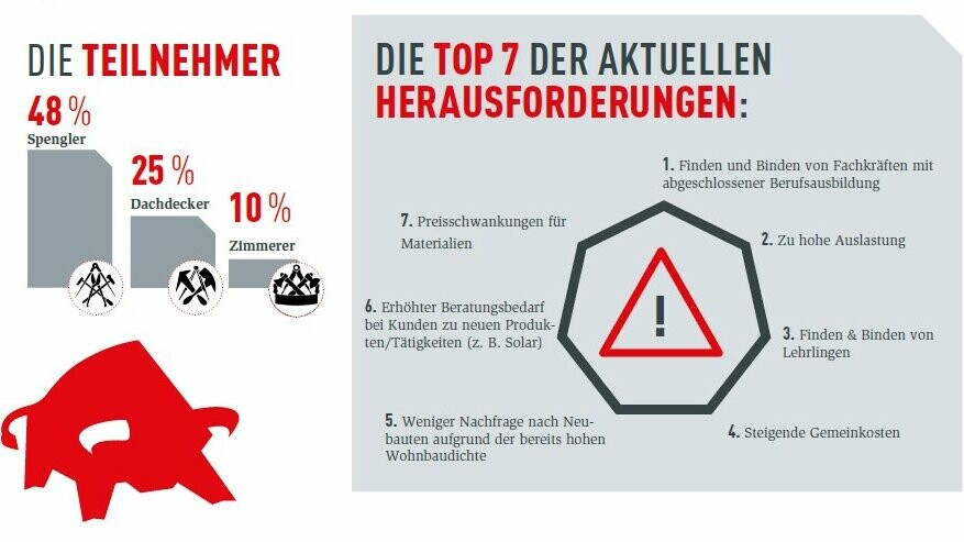 Grafik mit prozentualer Darstellung der Handwerker-Berufsgruppen, die während der Dach und Holz an der Kundenumfrage teilgenommen haben und die von ihnen angegebenen sieben größten Herausforderungen.