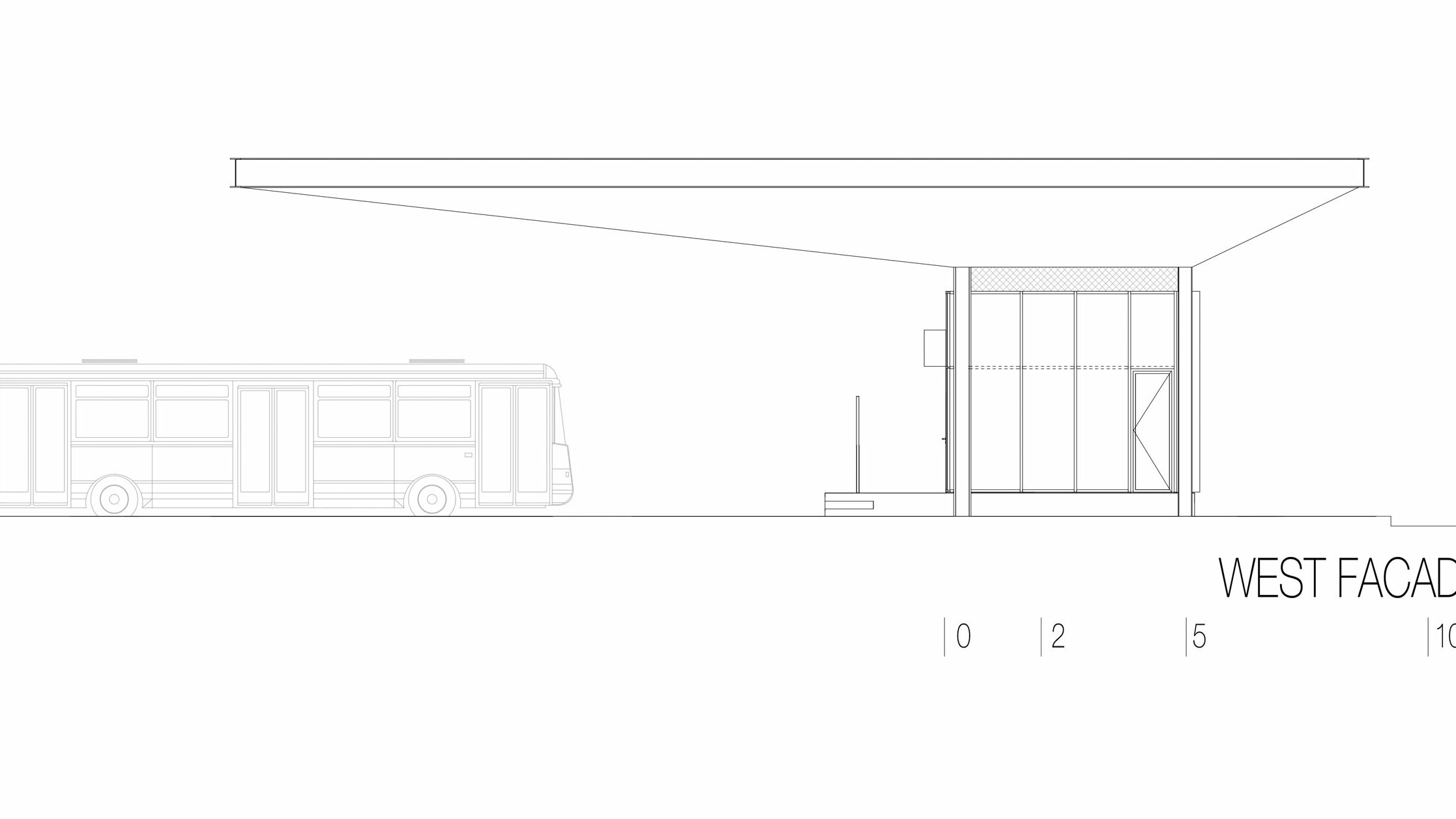 Die Zeichnung zeigt die Westansicht der Bushaltestelle "Autobusni Kolodvor Slavonski Brod" in Kroatien. Die Darstellung betont das lange, horizontale weiße Prefalz-Dach von PREFA, das über den darunterliegenden Bereich hinausragt. Rechts in der Zeichnung ist ein rechteckiger Baukörper mit großen Glasflächen und klaren Linien zu sehen. Links befindet sich ein Bus, der die Proportionen der Haltestelle im Verhältnis zu einem Fahrzeug verdeutlicht. Die Westansicht betont die moderne und funktionale Architektur der Haltestelle, die durch die Kombination von Glas und Aluminium eine helle und einladende Atmosphäre schafft.