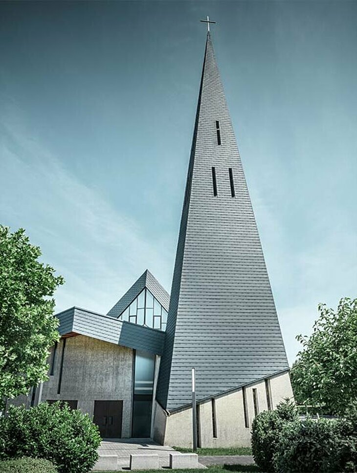 Glockenturm der Kirche Langenau als spitzer Turm mit anthrazitfarbenen Dachschindeln von PREFA eingedeckt.