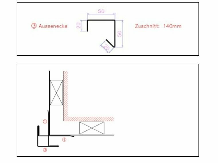 Detailzeichnung einer Außenecke mit Taschenprofil